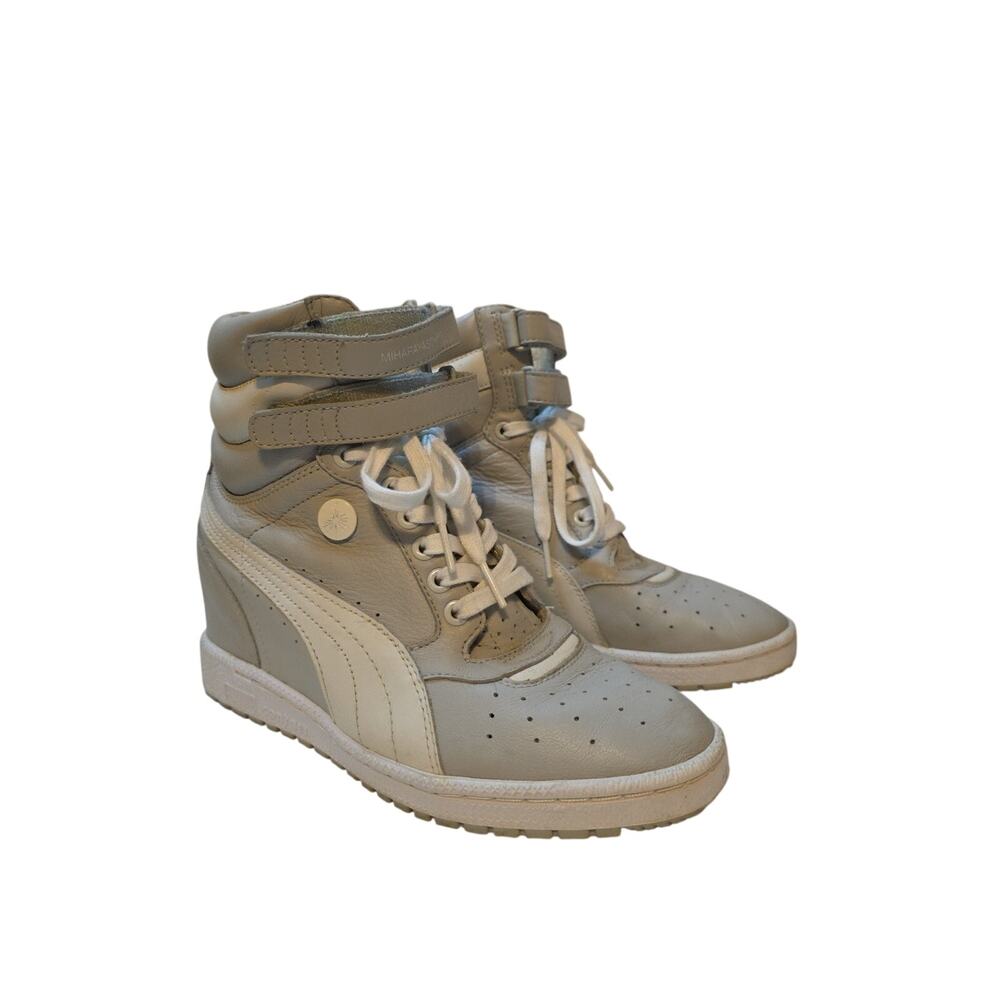 PUMA High Hidden Wedge High Top Shoes Contact White Gray Leather Woman’s 8.5